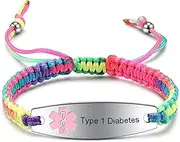 [JF.JEWELRY] Pre-Engraved Type 1 Diabetes Medical Alert ID Bracelet | Nylon Rope Braided Medical Alert Bracelet, 6.0-8.5 Inches Adjustable