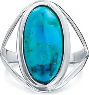 [Bling Jewelry] Simple Southwest Boho Style Large Dome Oval Cabochon Gemstone Bezel Set Blue Turquoise Western Statement Ring For Women Split Band .925 Sterling Silver