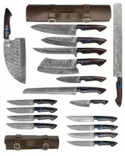 Handmade Damascus 17 Units of Chef knife Set |Functional |Kitchen |Razor Sharp