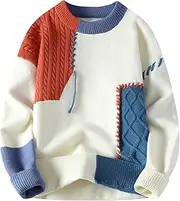 [GURUNVANI] Patchwork Sweater Mens Colorblock Jumper Cable Knitted Pullover Oversized
