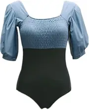 One Piece Swimsuit Women Solid Swimwear Pleated Open Back Swim Suit Bathing Suit Blue