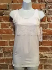 Rhonda Shear White Lace-Overaly Tank Cami Camisole w/ Shelf Bra XL New