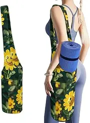 JKLQWH Yellow Smiley Flower Printed Yoga Mat Bag Long Tote with Pockets for Your Yoga Accessories Exercise Yoga Mat Carrier Holder Multi-Functional Storage Bag Holds Most Pilates Mats