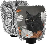 XYMZR Absorbent Microfiber Car Wash Mitt Cat Black Flowers Butterfly, Funny Cute Anime Scratch Free for Cars Cleaning, Home Cleaning Mitts, 2 Pack, 10.24” L x 7.09” W