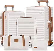 [SHOWKOO] Luggage Sets 3 Piece Hardside Expandable Suitcase with Double Spinner Wheels TSA Lock, (Beige White, 5 Piece Set)