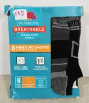 Fruit of the Loom No Show Men's Gray & Black Socks Breathable Micro-Mesh 8 Pair