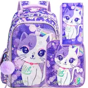 3 Piece Sequin Cat Backpack Set For Girls 16 Bookbag Lunch Box Water Resistant