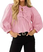 [EGOCKAL] 3/4 Length Sleeve Blouses for Women Trendy Tie Front Y2K Babydoll Tops Casual Going Out Puff Sleeve Peplum Blouse, Pink, Large