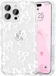 UEEBAI Cute Clear Case for iPhone 16 Pro Max 6.9 inch, Wavy Ribbon Bow Case Pretty Aesthetic Case Cute Curly Clear Case Stylish Soft Phone Case Shockproof Pretty Clear Cover for Women Girl - White