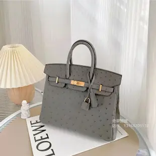 二手正品 愛馬仕 HERMES Birkin 25 鴕鳥皮 金扣柏金包 OL積雨雲灰 女包