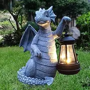 Qobumy Solar Dragon Garden Statue Decoration with Solar Lantern,Dragon Figurine Lights Outdoor Décor for Yard，Lawn,Patio, Balcony, Unique Housewarming Ornament