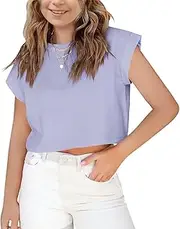 [Haloumoning] Girls Short Sleeve T-Shirts Crop Top Rolled Sleeve Round Neck Solid Loose Basic Tees for Summer