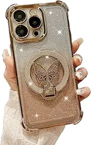 SANHERW for iPhone 16 Pro Max Magnetic Case with Bling Butterfly Stand, [ Compatible with MagSafe ] Luxury Sparkly Shiny Four Corner Shockproof Women Girls Case for iPhone 16 Pro Max - Golden