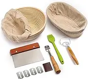 Bread Banneton Proofing Basket Set of 2, 9 Inch Round & 10 Oval Cane Sourdough Baskets with Lame + Dough Scraper Linen Liner Basting Brush for Making Baking Fermentation