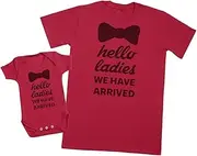 [Zarlivia Clothing] Hello Ladies, I'm Here! - Matching Father Baby Gift Set - Mens T Shirt & Baby Bodysuit - Red - Medium & Newborn