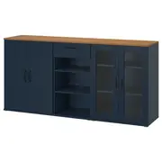 SKRUVBY storage combination w glass doors, black-blue, 190x90 cm