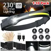 1-10X COB+LED Motion Sensor Headlamp USB Rechargeable Headlight Torch Flashlight