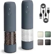 Electric Salt and Pepper Grinder Set, USB Rechargeable, Automatic Salt and Pepper Mill with Adjustable Coarseness, Electric Pepper Shakers, LED Light, Refillable, Kitchen Gadgets (2 Packs, Blue-Grey)