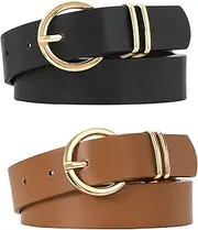 [JASGOOD] Women’s Leather Belts for Jeans Dresses Fashion Gold Buckle Ladies Waist Belt,2 Pack