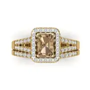 1.6ct Emerald Round Cut Halo Champagne Ring bridal Set 14k Yellow solid Gold