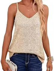 [Generic] Women Gold Sequin Top Sparkly Tops for Loose Sequin V-Neck Sleeveless Casual Sequin Sling