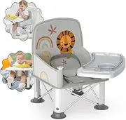 BabyBond Baby Travel Booster Seat with Double Tray, Upgraded Toddler Portable Baby Chair, Booster Seat for Dining Table, Stable and Foldable Booster Baby Chair for Indoor/Outdoor (Grey Lion)