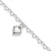 Sterling Silver Polished Fancy Link Puffed Heart 9 In Plus 1In Ext. Anklet