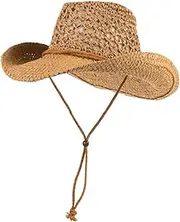 [KBQLXPKJW] Straw Cowboy Hat Wide Brim Hollow Straw Hats for Men Breathable Beach Hat with Chin Strap UV Protection Casual Stylish Sun Hat for Outdoor, Straw Hats for Men/779