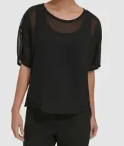 DKNY Womens Black Chiffon Short Sleeve Top Size M