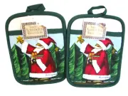 Christmas Santa Clause Pot Holder Set Cotton Laurie Korsgaden Watercolors NWT