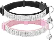 Soft Velvet Safe Cat Collars 2 Pack Rhinestones Bling Diamante Adjustable Collars - Cat Collar Breakaway with Bells for Cats Kitty and Small Dogs (Black+Pink, One Size)