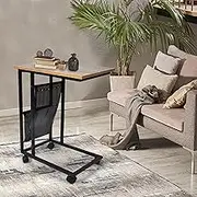 LEVEDE Side Table Mobile Coffee Tables w/Storage Mesh Wheels C-Shape Sofa Bed Side Overbed End Table Laptop Desk Rustic for Living Room, Bedroom(55cmx35cmx69cm,Movable)