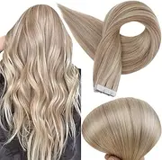 Full Shine Tape in Hair Extensions 12 Inch Remi Tape Hair Extensions 20pcs 30g Highlight Color 18 Ash Blonde And 613 Blonde Extensions for White Women Glue on Hair for Short Hair