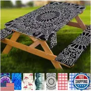 Picnic Table Cover with Bench Covers Vinyl Elastic Edges Fitted Rectangle Tab