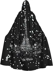 Night Paris Eiffel Tower Print Elegant Hooded Cloak For Women Men For Cosplay Carnival Parties Masquerade Events, Black