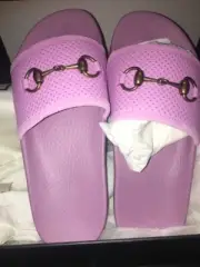 NEW GUCCI Women Pursuit Pink Horsebit Leather Pool Slides Sandals, 39 US 9