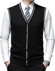 [SWJGLITTR] Men's Sleeveless Sweater Cardigan Wool Blend V Neck Buttons Vest Cable Knit Big and Tall Cardigan Vest, Black, Large