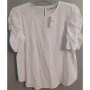 LOFT Womens XS Peasant Blouse Cut Out Eyelet Back Round Neck Puff Sleeve White