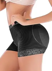 [FLORATA] Womens Butt Lifter Padded Lace Panties Seamless Butt Lifting Shorts Hip Enhancer Control Panties Black, Black, Small
