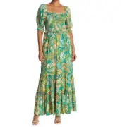 NWT Betsy Johnson Palm Leaf Print Tropical Smocked Ruffled Maxi Dress, Size XS