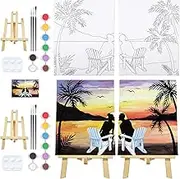 Nuberlic Date Night Painting kit for Couples Pre Drawn Canvas for Painting for Adults Pre-Stretched Canvas Outline for Sip and Piant Kit Date Night Idea, Valentine's Day Gift 8" x 10"（with Easel）