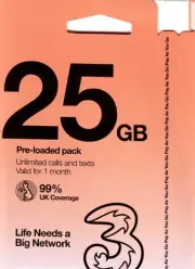 New PrePaid Europe UK Three SIM Card 25GB Data Un Minutes/Texts for 30 Days w...