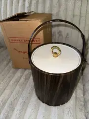 VTG Morgan Bucket Brigade Ice Bucket Wood Grain Design Lucite Lid W/ Handle