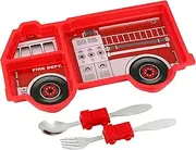 KidsFunwares Fire Engine Me Time Meal Set, Portion Control Divided Plate with Fork and Spoon for Kids