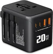 Yakiter International Power Adapter, 5-in-1 Universal Travel Adapter with 4-Port USB & Global AC Outlet PD Fast Charging Wall Charger for Europe, US, UK, Australia, Asia Over 200 Countries