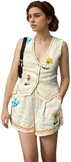 [IDEWO] Embroidered Linen 2 Pice Set Button Up Flower Tank Tops Baggy Shorts Summer Party Pants Suit