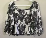Tahari Linen Shirt Sz M Floral Leaf Print Top Black/White Womens Lagenlook New