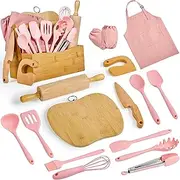 Pulcher Kids Cooking & Baking Sets Real Little Chef Cooking Utensils Kitchen Set Gifts for Girls Boys Juniors with Utensils Cutting Board Kids Safe Knife Rolling Pin Apron Carrying Basket (Coral Pink)