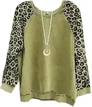[DSAoTeng] Women's Leopard Print Patchwork Exposed Seam Crewneck Sweatshirt-Casual Color Block Design Long Sleeve Pullover Tops for Fall Winter Outfits