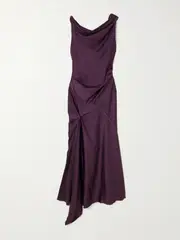 [Victoria Beckham] Victoria Beckham - Asymmetric Paneled Draped Gathered Satin Midi Dress - Dark purple - UK 14 UK 14 Purple